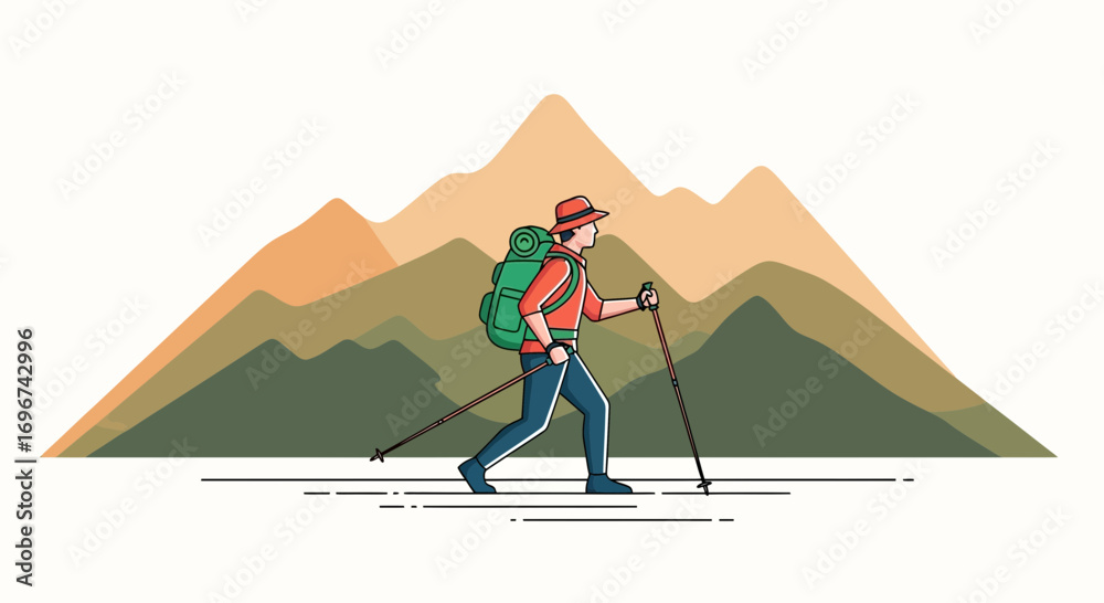Fototapeta premium Adventurous Hiker Explores Majestic Mountain Range In Pursuit Of Elevated Experiences