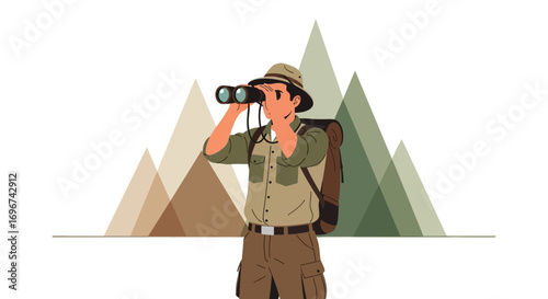 Adventurous Explorer Utilizing Binoculars Amidst Mountains For Exploration and Discovering