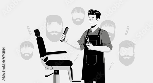 Barber Shop Illustration Showing A Hair Stylist Preparing Tools For A Client, Ready To Cut