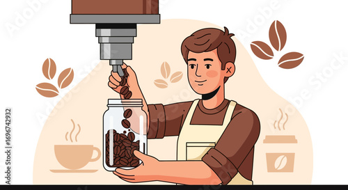 Barista Carefully Pours Delicious Coffee Beans Into Glass Jar, Brewing Fresh Beverages