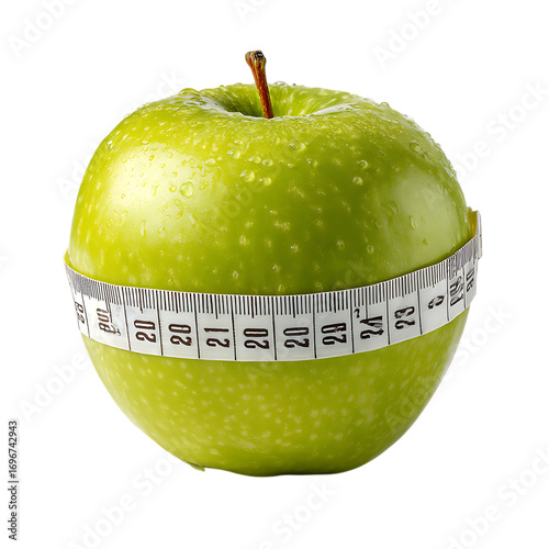 Whole green apple showing measuring tape PNG