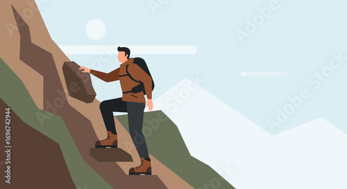 Adventurous Hiker Climbing The Rocky Mountain Depicting Exploration And Discovery