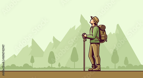 Adventurous Hiker Contemplating Scenic Mountain Vista in Vibrant, Nature-Inspired Illustration