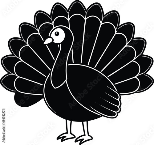 Detailed black and white line drawing of a magnificent thanksgiving turkey with fan tail