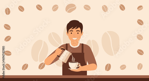 Barista Crafting Coffee, Pouring Beverage Into Cup, Coffee Beans Backdrop Illustration