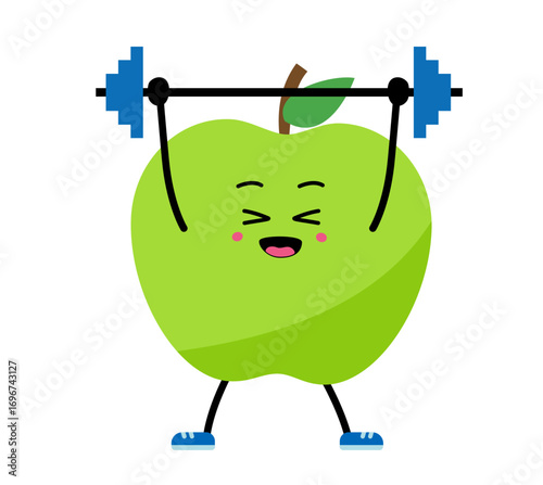 Barbell, Dumbbells. A cute, strong apple. The concept of classes in the gym with the image of apple, health, fitness. Vector illustration in flat style.