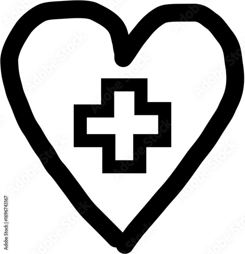 Minimalist black outline vector icon of a heart with a medical cross inside, symbolizing healthcare, medicine, and first aid. Isolated on a transparent background