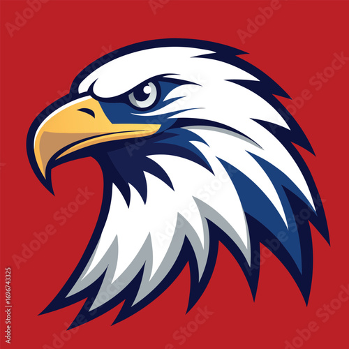 Stylized eagle head logo with white blue and red colors on red background Keywords: eagle, head, logo