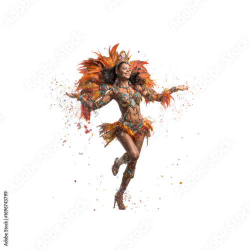 Energetic Samba Dancer in Vibrant Carnival Costume with Confetti Burst