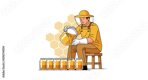 Beekeeper Harvesting Golden Honey Pouring Into Jars For Commercial Distribution