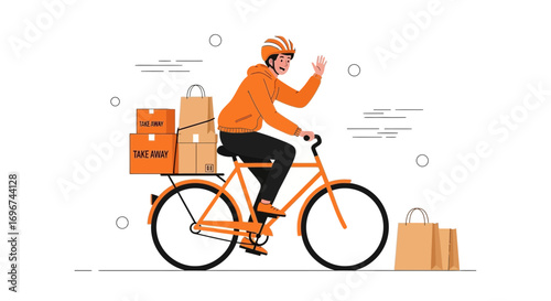 Bike Delivery Man Delivering Food Parcels And Smiling Happily In Clean, Simple Illustration