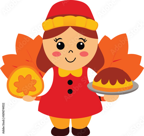Joyful cartoon pilgrim woman with thanksgiving pie and pumpkin harvest autumn celebration