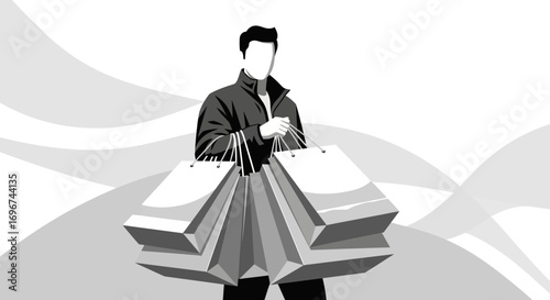Black And Grey Image Of A Man Carrying Shopping Bags For Retail And Consumerism