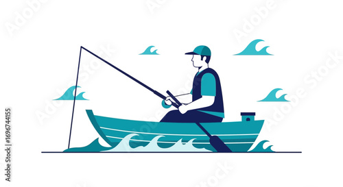 Boat Angler Fishing on Open Water with Rod, Summer, Recreational Activity.