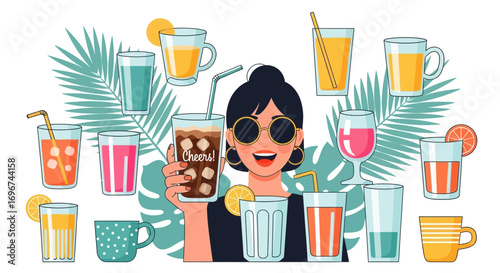 Cheerful Individual Surrounded By Refreshing Drinks And Tropical Foliage