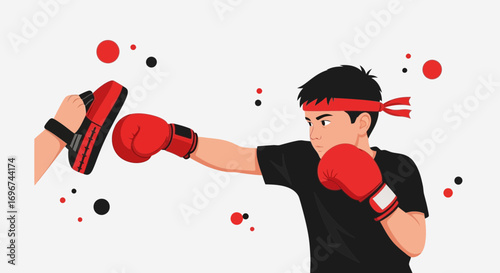 Boxer Training: Punching Pad Practice, Vector Illustration in Dynamic Action