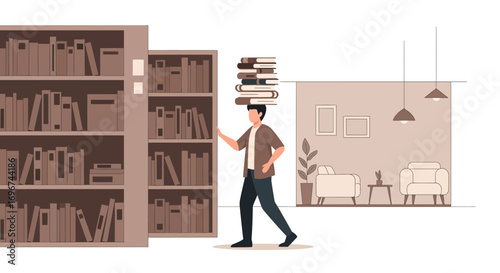 Bookworm Carrying Stack Of Literature Inside Brown Library Home Decor Concept Illustration