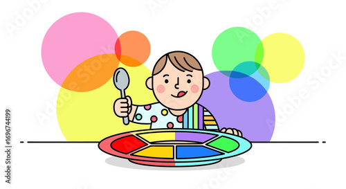 Cheerful Infant Holding Spoon Above Divided Plate With Numerous Colorful Background Bubbles