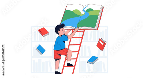Boy Exploring A World Of Knowledge By Climbing A Ladder With A Large Book