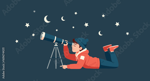 Boy Gazing Into The Cosmos With Telescope Beneath Night Sky Full Of Stellar Bodies