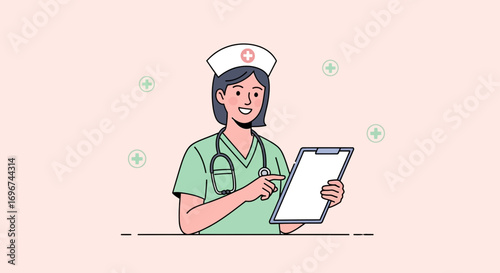 Cheerful Nurse Presenting Medical Report and Looking at the Viewer in Illustration Style
