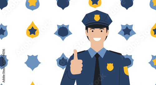Cheerful Officer Gives Thumbs Up In Uniform With Police Badges Background