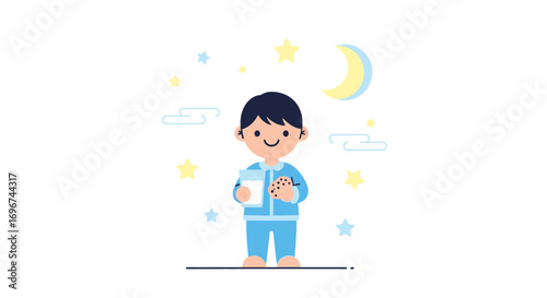 Boy In Pajamas Holding Milk And Cookie Under A Moon And Stars, Cute Illustration