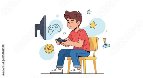 Boy Immersed In Gaming Experience, Holding Controller, Focused On Exciting Virtual World