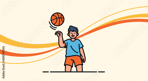 Boy Is Playing Basketball, Enjoying Sportive Time During Sunny Day With Joyful Expression
