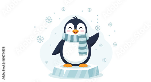 Cheerful Penguin In A Scarf Waving And Standing On Ice During Winter Season