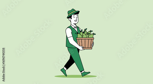 Cheerful Orchardist Carries Basket of Pears Walking on a Soft Green Background