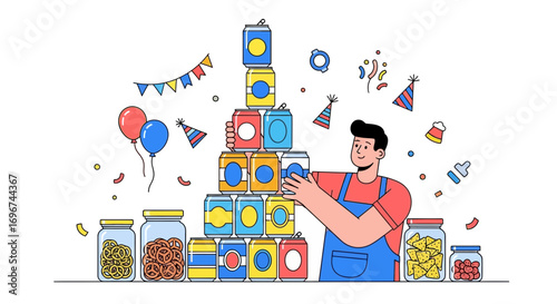 Cheerful Person Building a Tower of Cans for a Celebratory Event with Party Decorations