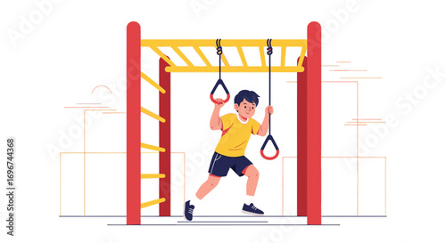 Boy Playing on a Jungle Gym with Rings in a Playground Outdoors