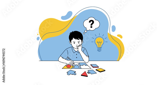 Boy Pondering Puzzle's Solution With Idea Bulb Illustration And Symbolic Thought Bubble