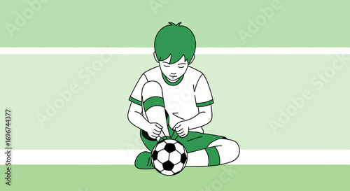 Boy Preparing For Soccer Game: Tying Laces, Concentration, And Green Background Scene