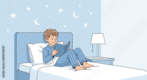 Boy Reading A Book In Bed, Nighttime Scene, Cartoon Illustration, And Happy Contentment