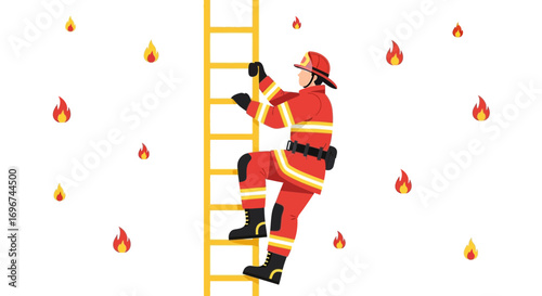 Brave Firefighter Climbing Ladder Amidst Flames in Dynamic Vector Illustration