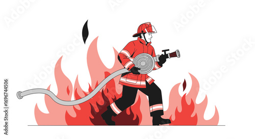 Brave Firefighter Battling Blazing Inferno During Emergency Response Illustration