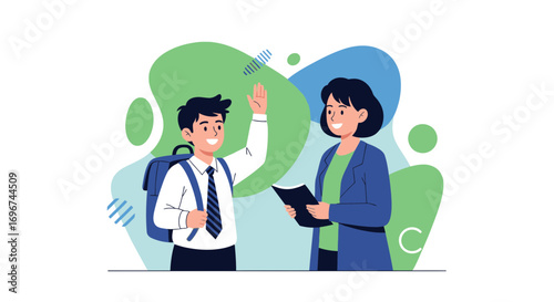Cheerful Student High Fives Teacher Near Colorful Fluid Graphic Background Illustration