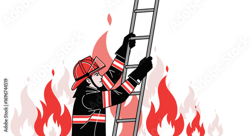 Brave Firefighter Ascending Ladder Amidst Fiery Inferno, Courage Embodied