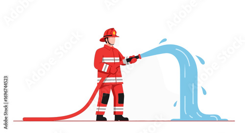 Brave Firefighter Directing Water Stream To Extinguish A Fire Illustration Art