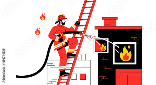 Brave Firefighter Climbs Ladder, Extinguishing Flames and Saving Lives in Emergency Situation