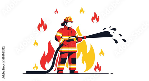 Brave Firefighter Courageously Extinguishing Flames With Forceful Water Jet Illustration
