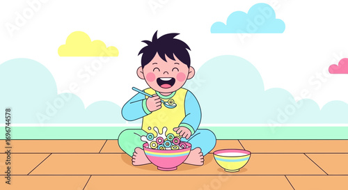 Cheerful Toddler Happily Eating Cereal From Big Bowl, Smiling In A Bright Colorful Scene