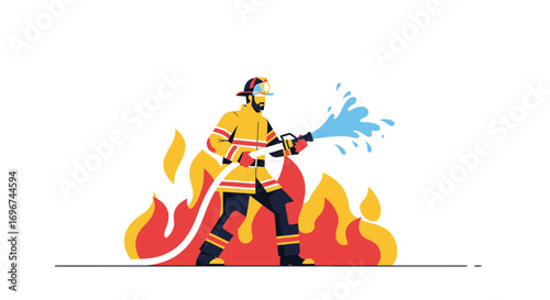Brave Firefighter Courageously Battles Flames With Water Hose Vector Illustration