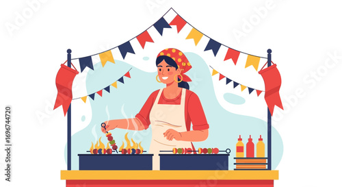 Cheerful Woman Grilling Shish Kebabs At A Street Food Stall During A Festive Celebration