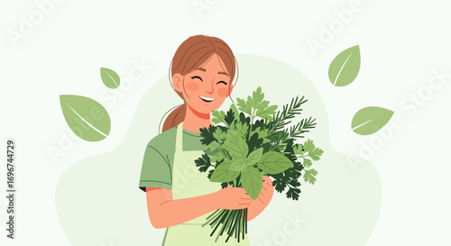Cheerful Woman Holding Fresh Herbs, Enjoying Natural Bounty and Freshness