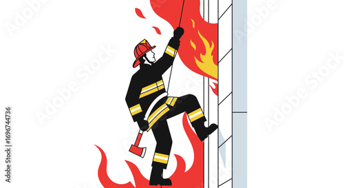 Brave Firefighter Scaling Burning Building, Heroically Fighting Flames for Rescue
