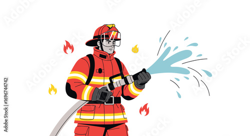 Brave Firefighter Sprays Water, Extinguishing Flames and Ensuring Safety, Heroic Effort