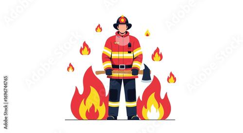 Brave Firefighter Standing Amidst Flames Ready For Rescue, Heroic Deeds Vector Illustration